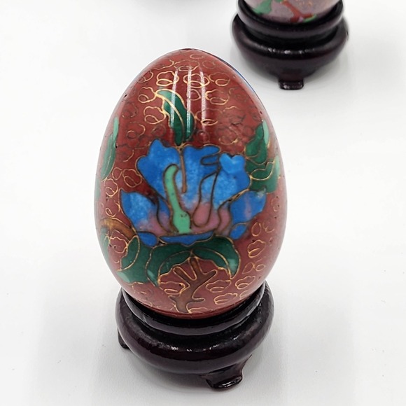 Vintage Chinese Cloisonne Satsuma Egg Figurines 3 Intricate Floral Wooden Stands - Picture 5 of 10